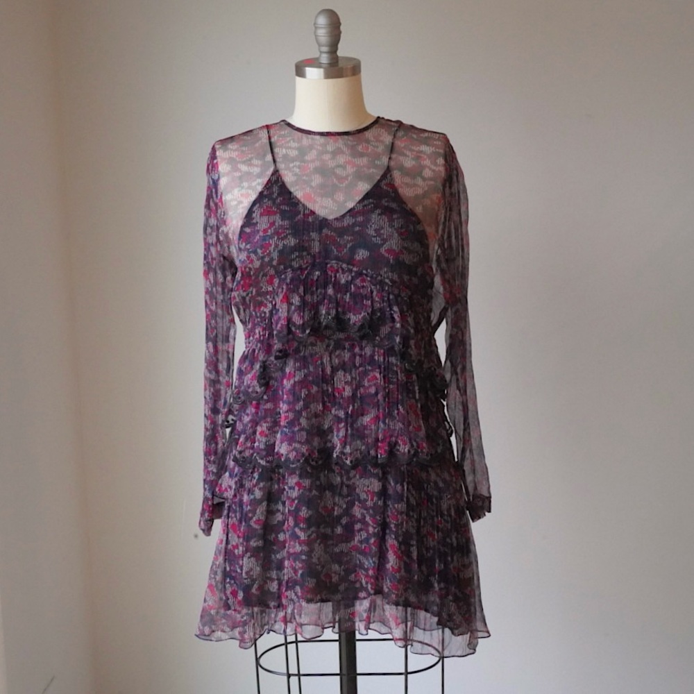 IRO Paris Ressy Sheer Chiffon Tiered Mini Dress - US size 6 / UK size 38